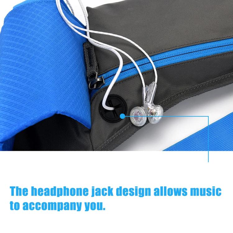 Blue waterproof waist bag with headphone jack opening and cord access pocket.