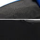 Waterproof waist bag with bottle pocket, black fabric and blue trim close-up