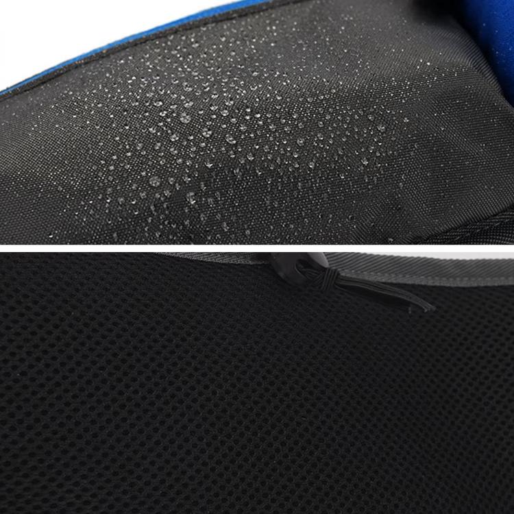 Waterproof waist bag with bottle pocket, black fabric and blue trim close-up
