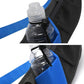 Blue bottle in front pocket of black waist bag with zipper and adjustable strap