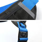 Black and blue waist bag with mesh panel, stitched accents, and strap buckle