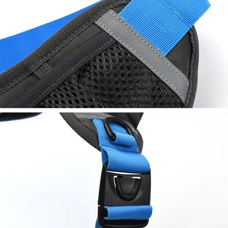 Black and blue waist bag with mesh panel, stitched accents, and strap buckle