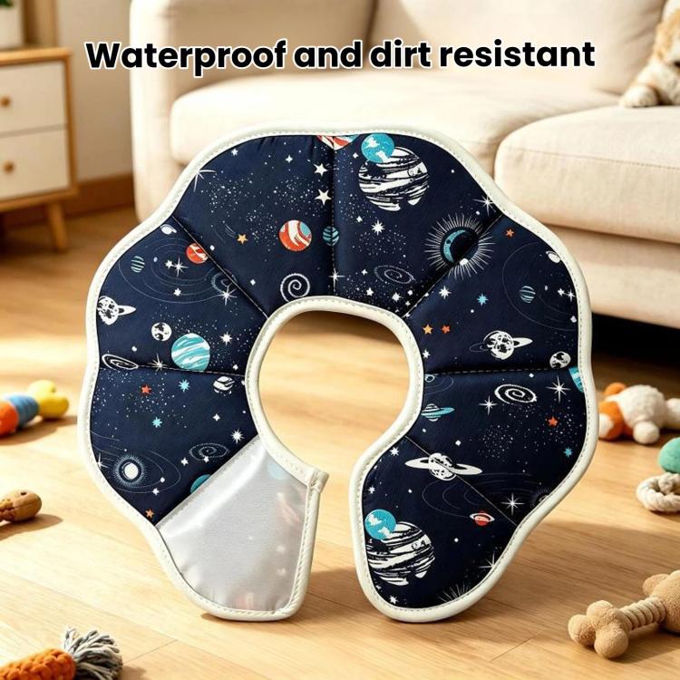 Soft recovery cone collar for pets, navy blue space pattern, waterproof-style fabric look