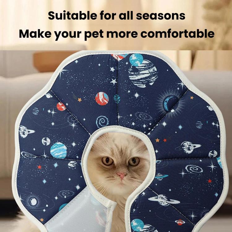 Soft cat post-surgery recovery cone, navy space print with padded neck opening
