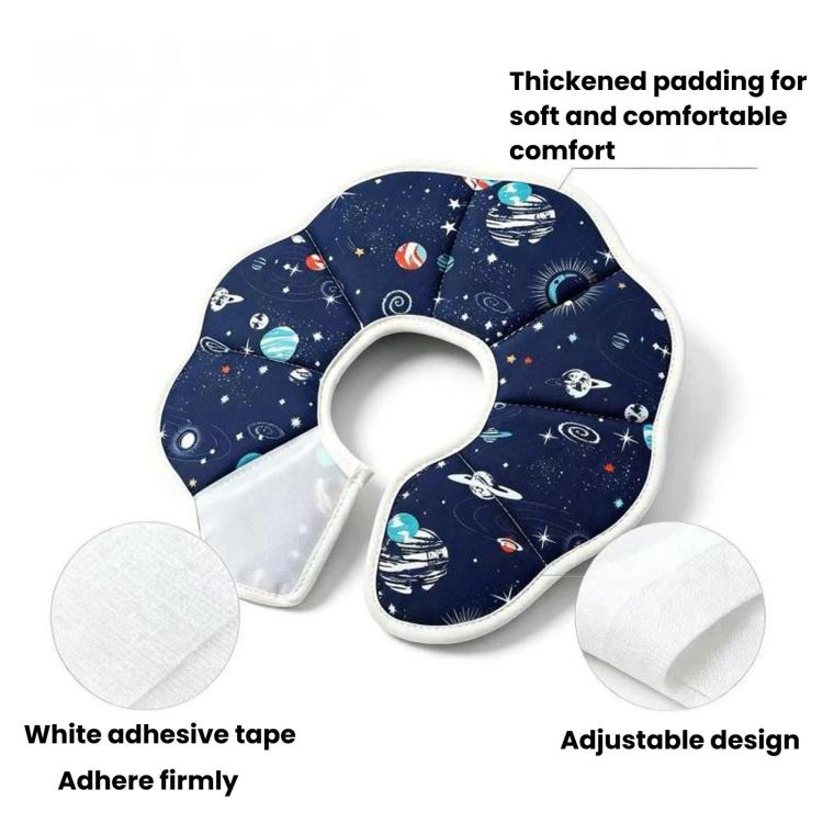 Adjustable padded cat recovery cone with navy space print and white adhesive pads