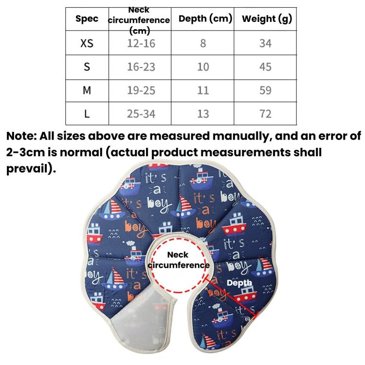 Adjustable cat recovery cone, navy space print with neck circumference measurement