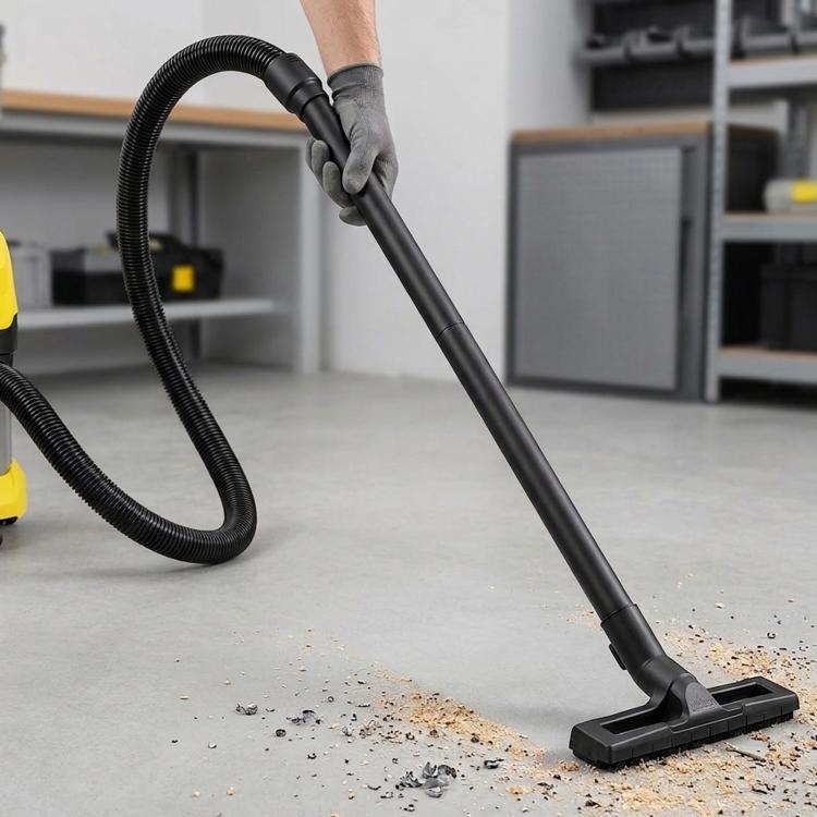 Black rigid extension tube with floor brush nozzle and ribbed vacuum hose
