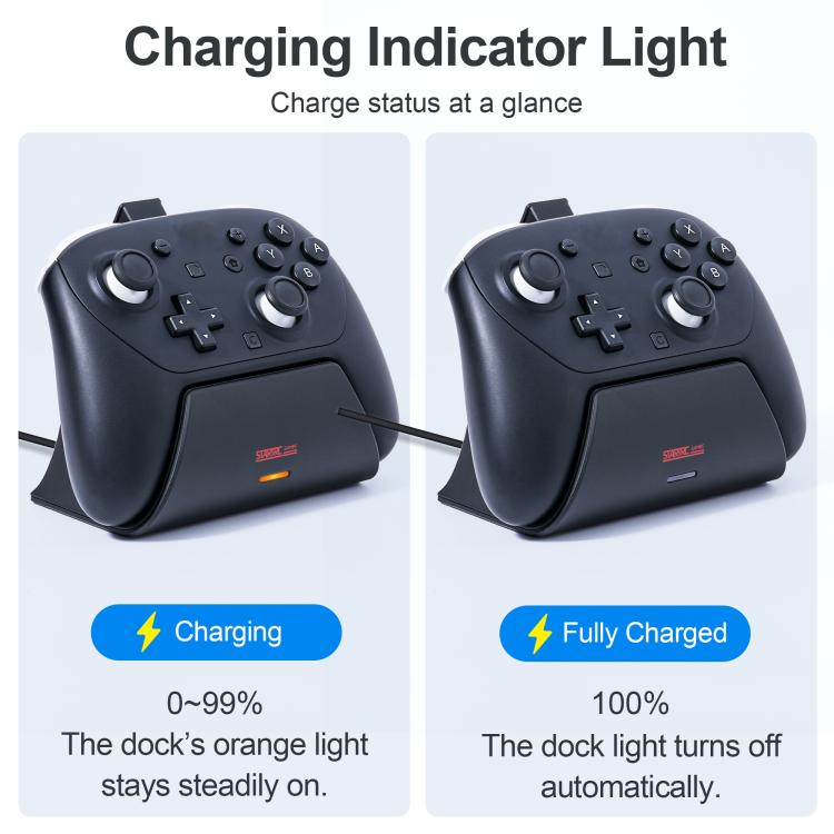 Charging dock stand showing orange charging indicator light