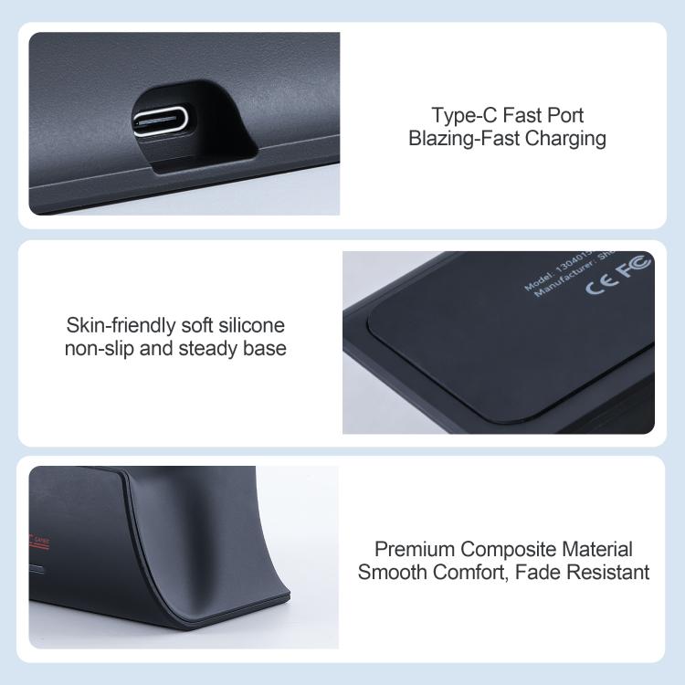 Charging dock details: Type-C port, silicone base, composite housing