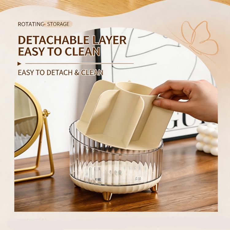 Detachable-layer rotating makeup organizer with beige insert inside clear container