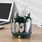 Green rotating makeup organizer with clear container and vanity items in holders