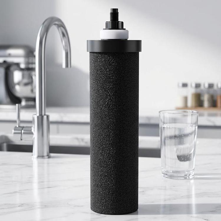 Black activated carbon filter cartridge with threaded top and white cap