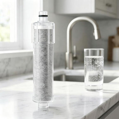 Clear activated carbon filter cartridge with gray carbon media and top seal