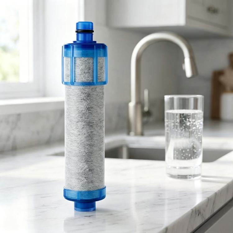 Blue-ring activated carbon filter cartridge with gray carbon media and top seal