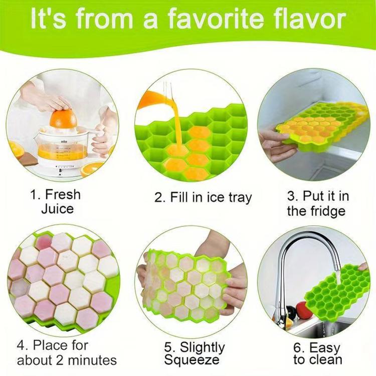 Honeycomb silicone ice cube tray with lid showing multiple ice cube shapes