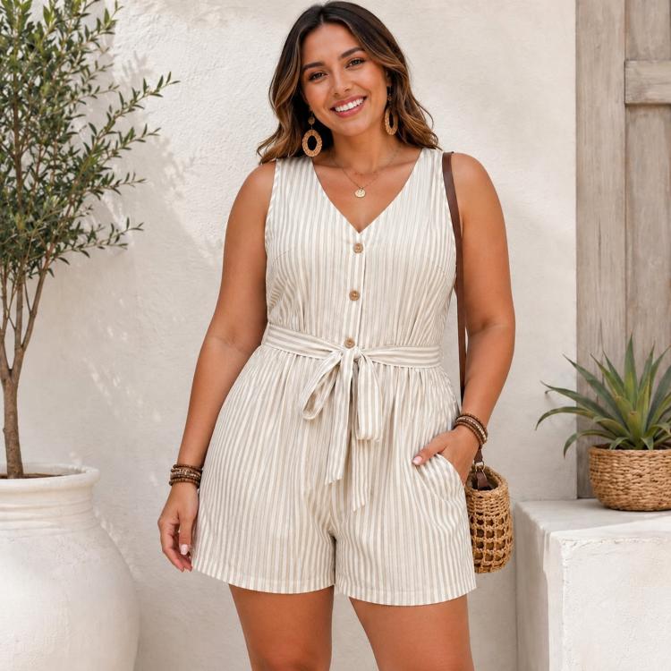 V-Neck Sleeveless Striped Jumpsuit Shorts, S, M, L, XL