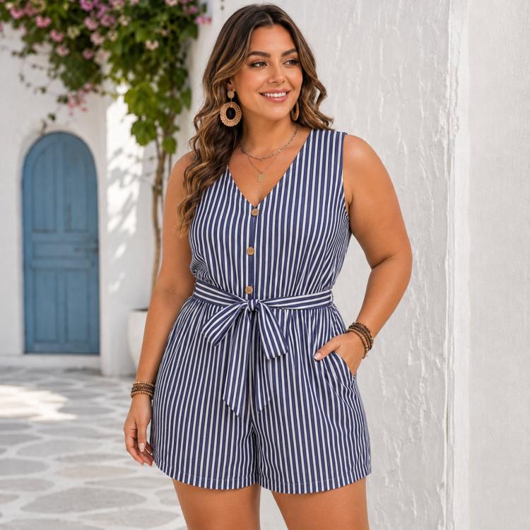 V-Neck Sleeveless Striped Jumpsuit Shorts, S, M, L, XL