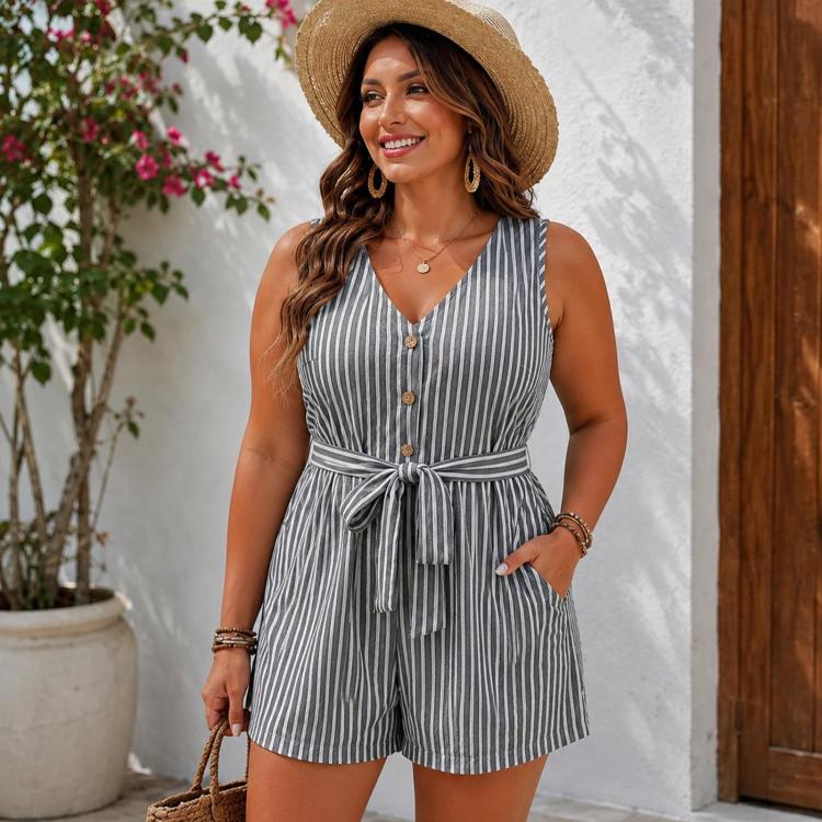 V-Neck Sleeveless Striped Jumpsuit Shorts, S, M, L, XL