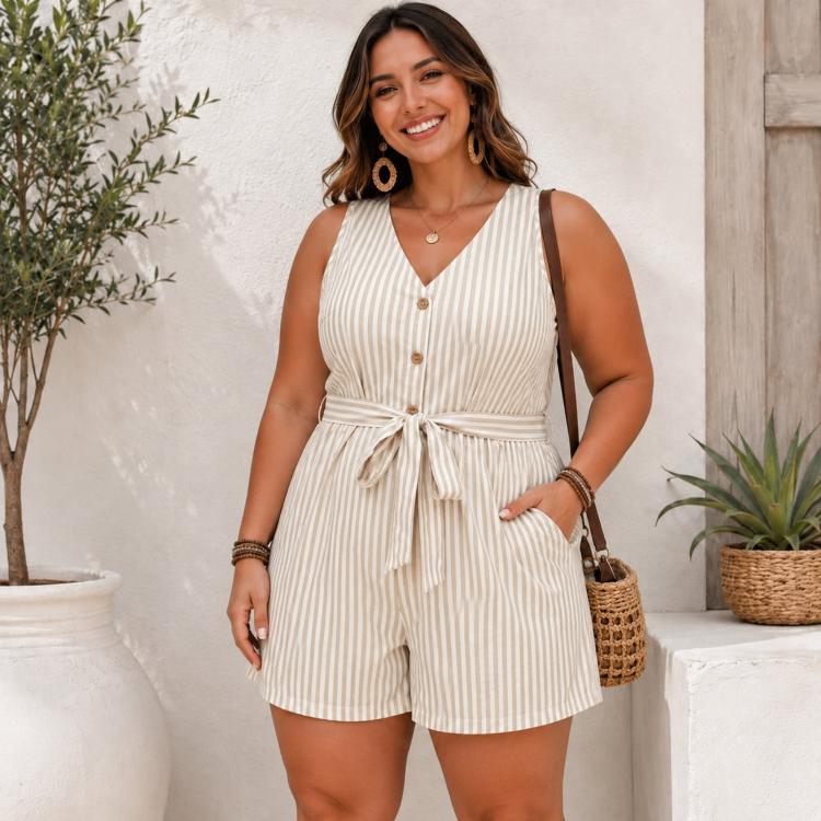 V-Neck Sleeveless Striped Jumpsuit Shorts, S, M, L, XL