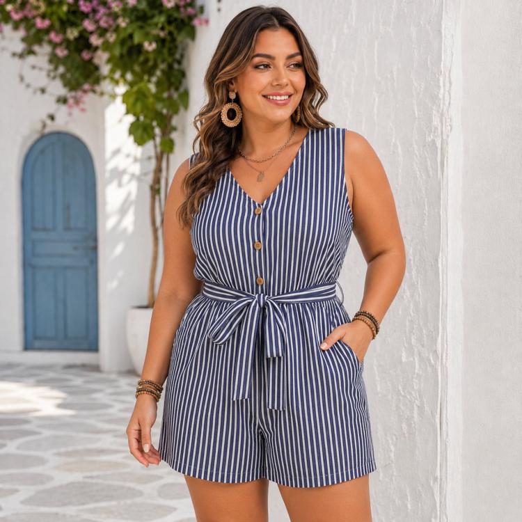 V-Neck Sleeveless Striped Jumpsuit Shorts, S, M, L, XL