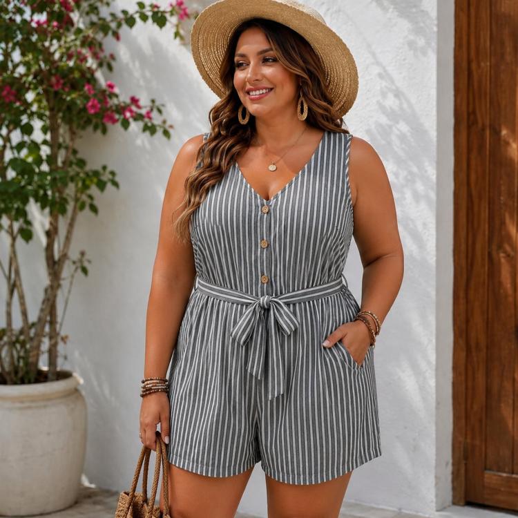 V-Neck Sleeveless Striped Jumpsuit Shorts, S, M, L, XL