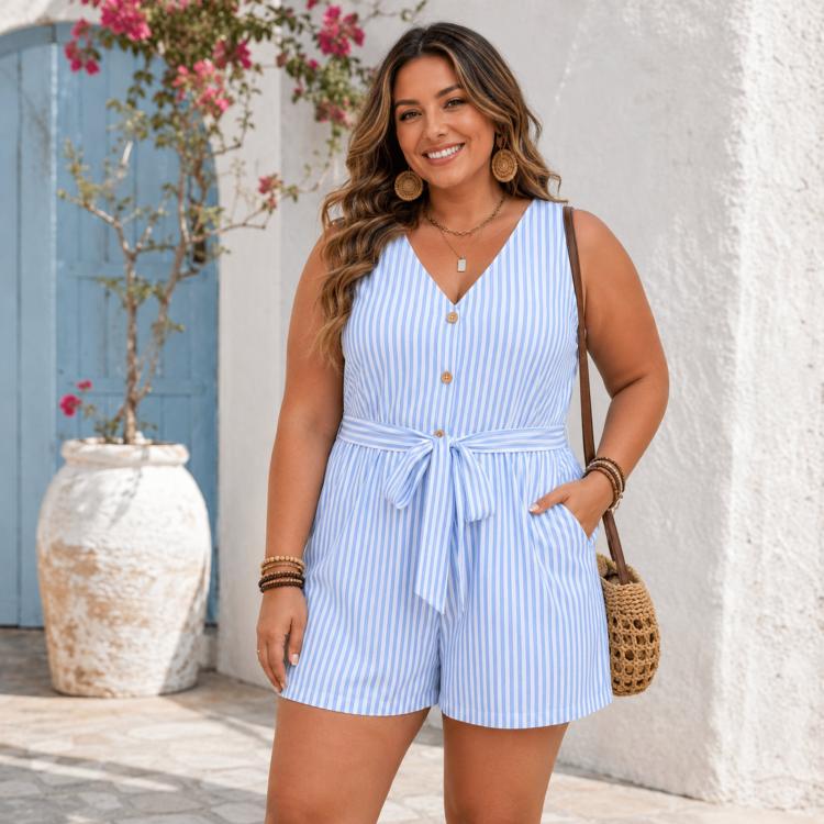 V-Neck Sleeveless Striped Jumpsuit Shorts, S, M, L, XL