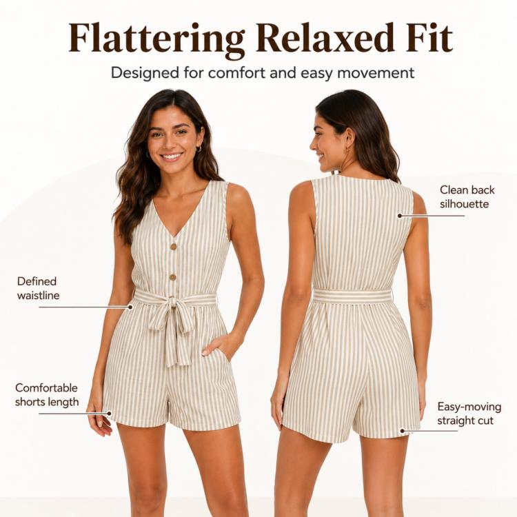 V-Neck Sleeveless Striped Jumpsuit Shorts, S, M, L, XL
