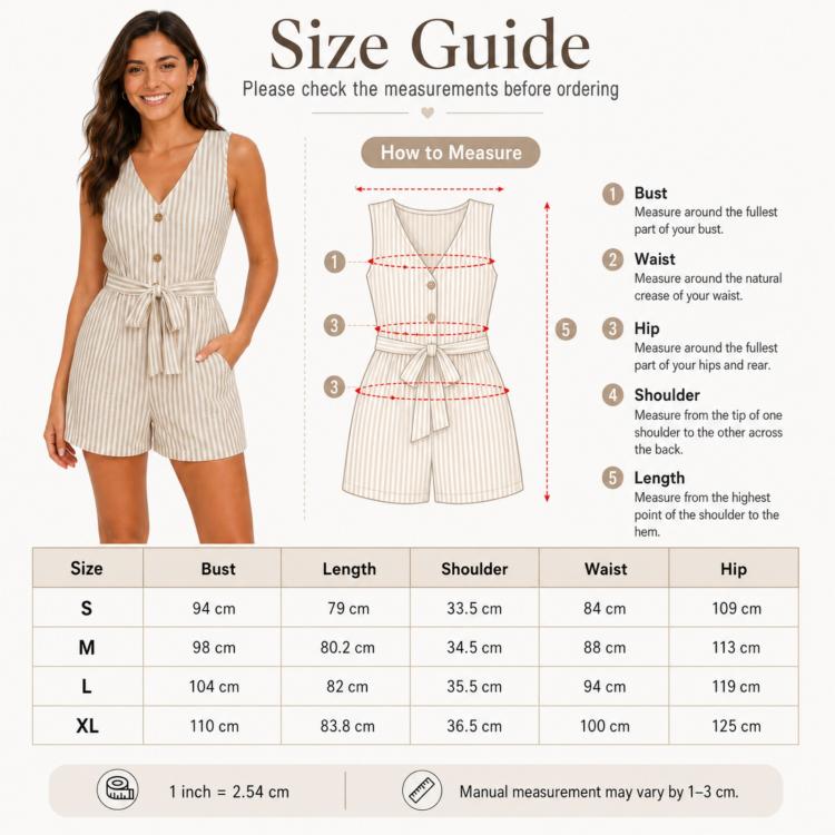V-Neck Sleeveless Striped Jumpsuit Shorts, S, M, L, XL