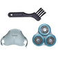 Blue triple shaver head replacement set with protective cap and cleaning brush