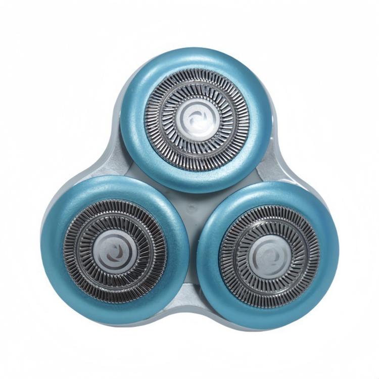 Blue triple shaver head replacement set, front view of circular foils