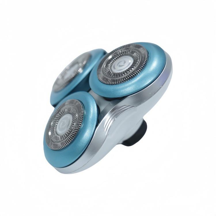 Blue triple shaver head replacement set, side view of rotating foil heads