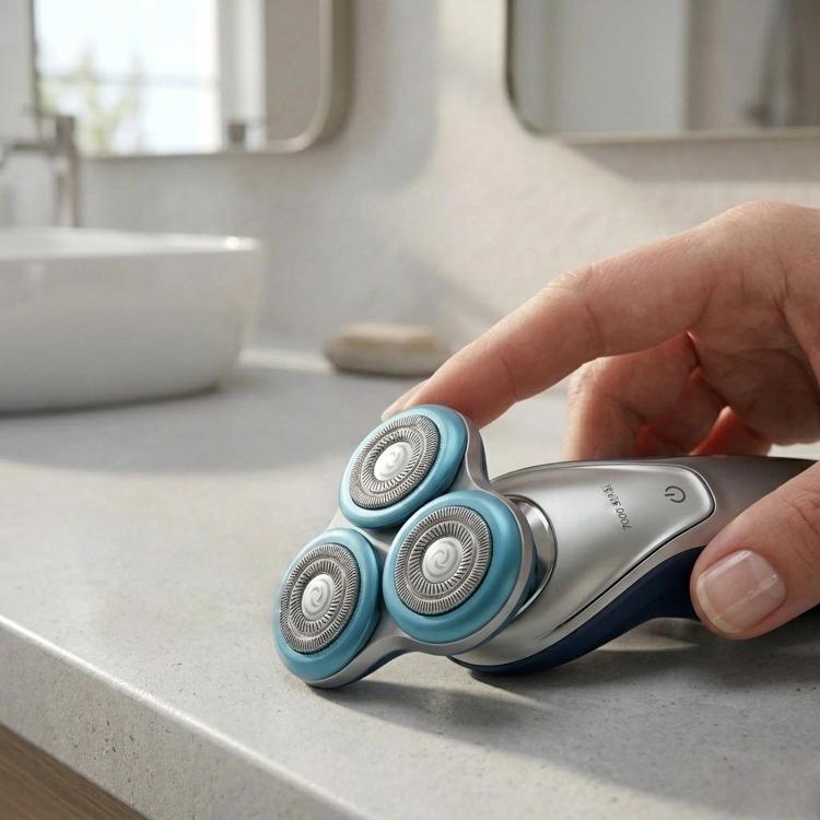 Shaver with blue replacement heads held in hand on a bathroom counter