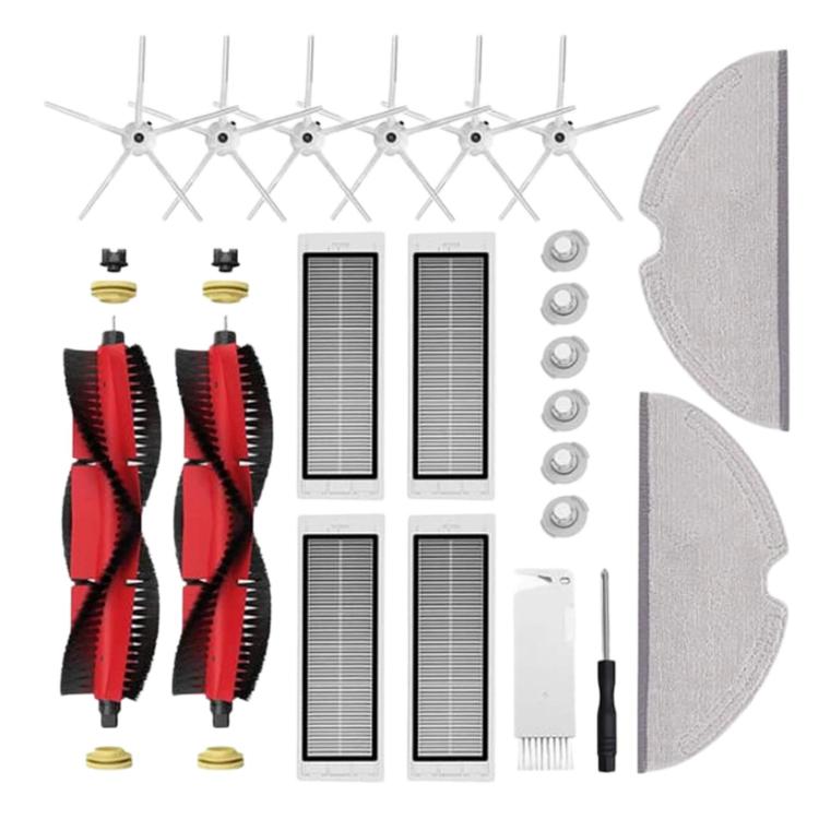 Robot vacuum replacement kit: red main brushes, edge brushes, filters, and grey mop pads