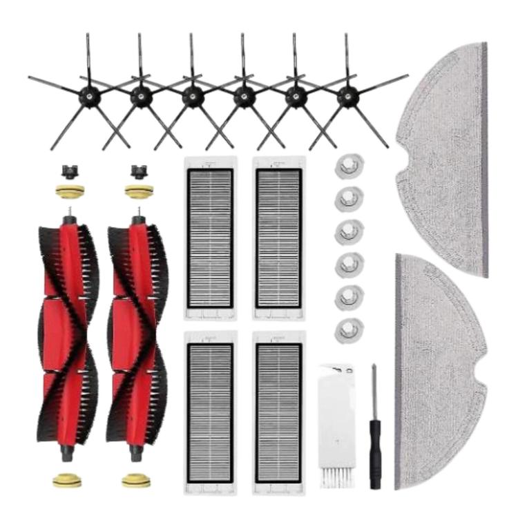 Robot vacuum replacement kit: black side brushes, red main brushes, filters, and grey mop pads
