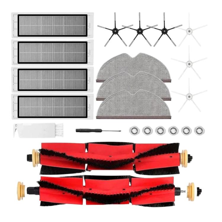 Robot vacuum replacement set: four rectangular filters, grey mop pads, and red main brush