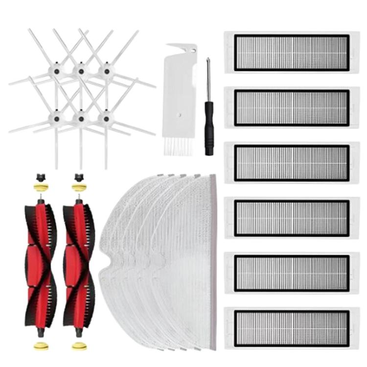 Robot vacuum replacement set with white side brush assembly, red main brushes, mop pad, and filters