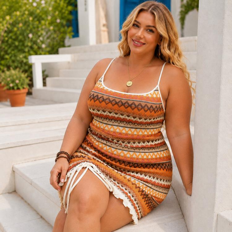 Women’s orange ethnic sundress with spaghetti straps and layered fringe edge