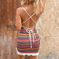 Open-back striped mini sundress with crisscross spaghetti straps and tie detail