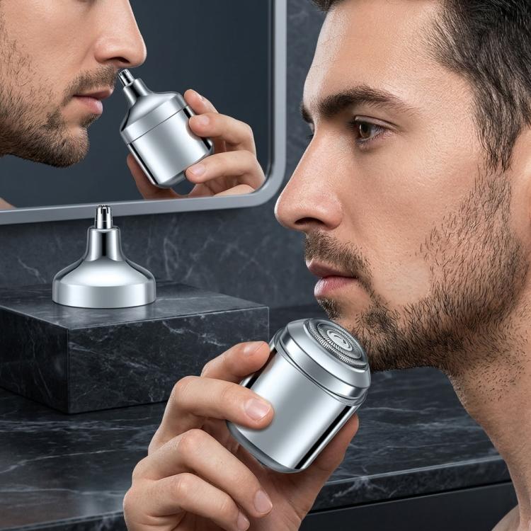 Portable metal mini electric shaver with rotary head, handheld for facial grooming
