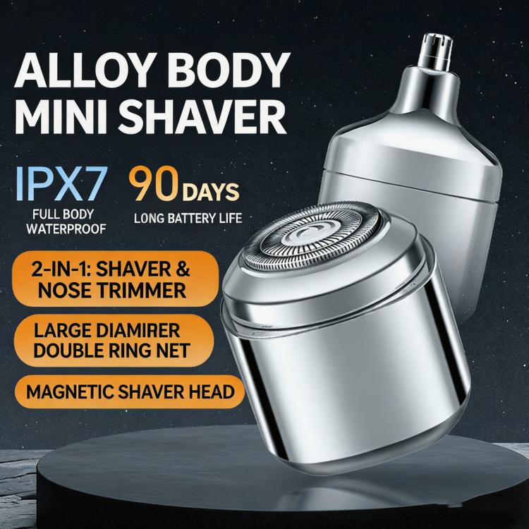Compact alloy mini electric shaver with circular foil head and nose trimmer top