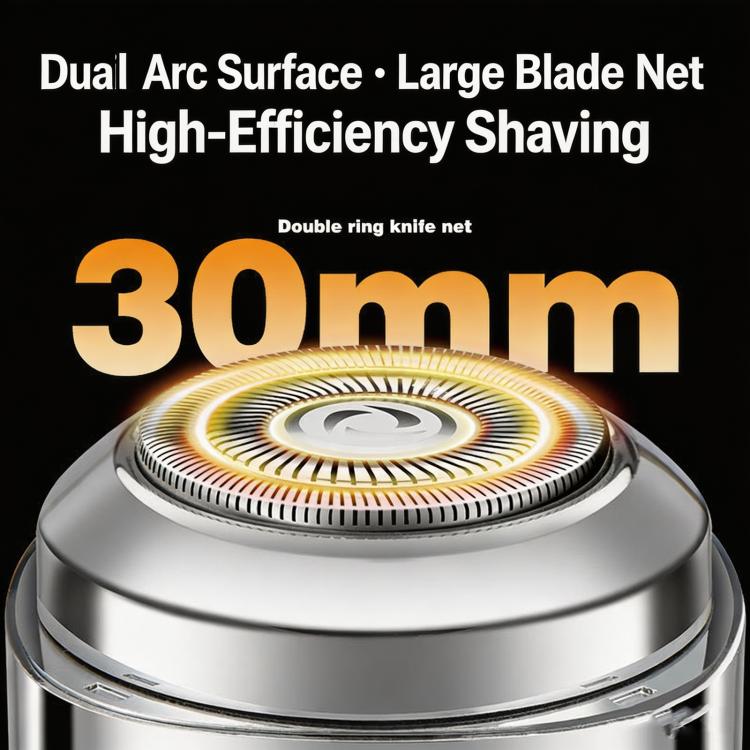 Close-up rotary shaver head with dual-arc style shaving surface