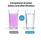 Faucet filter comparison showing before purple water and after clear water