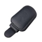 Black leather sunglasses holder clip with hinged pouch, textured surface