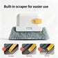 Gray scrub pad cleaning tool with built-in yellow scraper on a white base