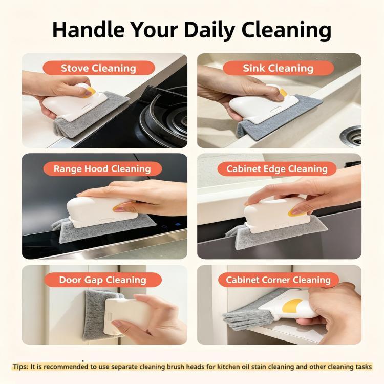 Cleaning brush for kitchen and bathroom surfaces with gray pad and white handle