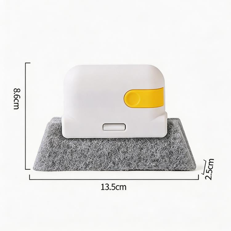Measured window groove cleaner brush: white body, yellow scraper, and gray scrub pad