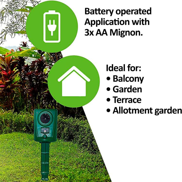 Green square repellent with motion sensor and indicator on a long stake