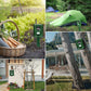 Green square repeller mounted outdoors on stake near garden and tent