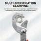 Adjustable clamping wrench head with toothed jaws and silver finish; red-and-black handle
