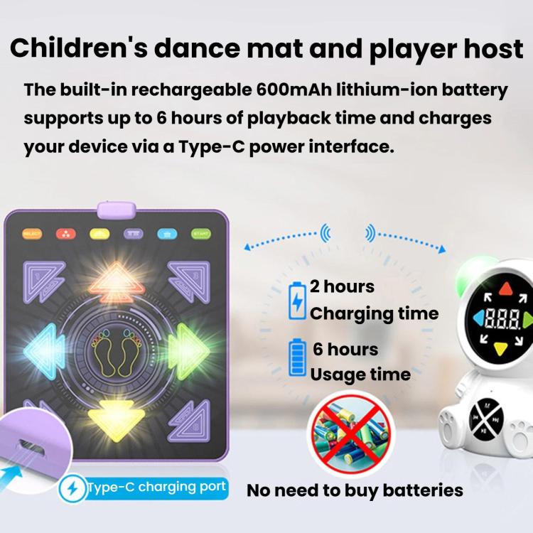 Kids dance mat with LED arrow lights and wireless controller with charging status display